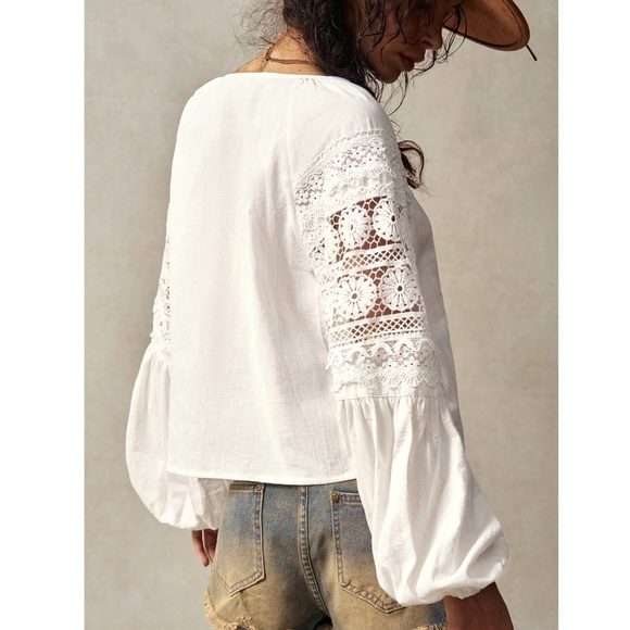 Cotton Bohemian Shirt White Crochet Lace Detailed V-Neck Long Lantern Sleeve - Picture 5 of 12